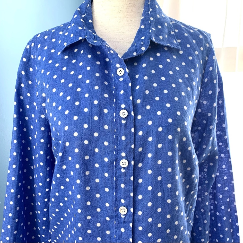 J. Crew Blue Linen Perfect Button Down with White Polka Dots - Picture 3 of 8